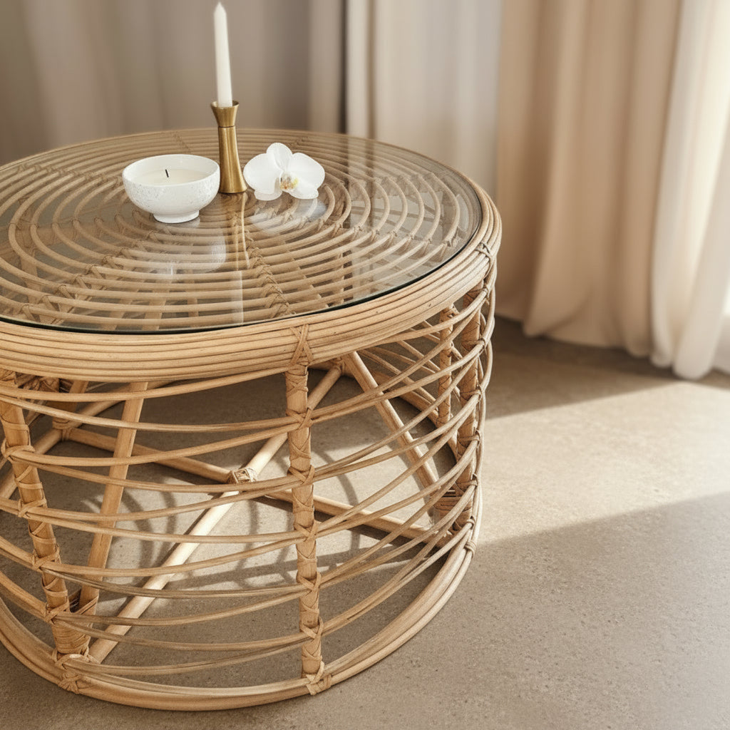 Rea - Glass Top Rattan Coffee Table